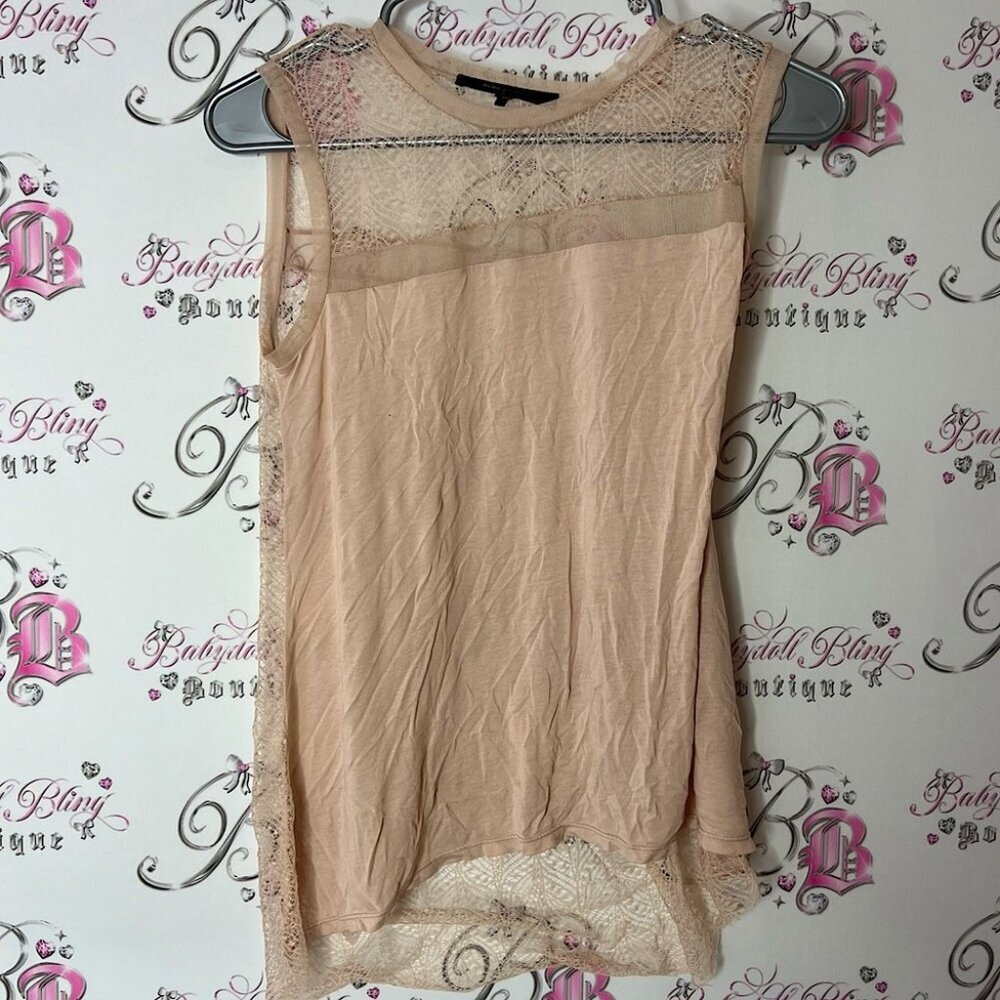 BCBGMaxAzria tank top Tan Asymmetrical Ruched Sleeveless Blouse Lacie lace beige